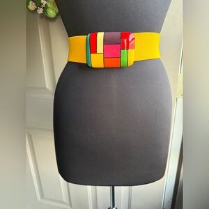 Vintage handcrafted wood buckle made in India stretch belt, size medium large